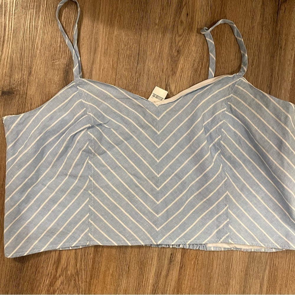 Lane Bryant Cropped Blouse Womens 24 Blue Stripe Linen Cotton Blend Tank Smocked